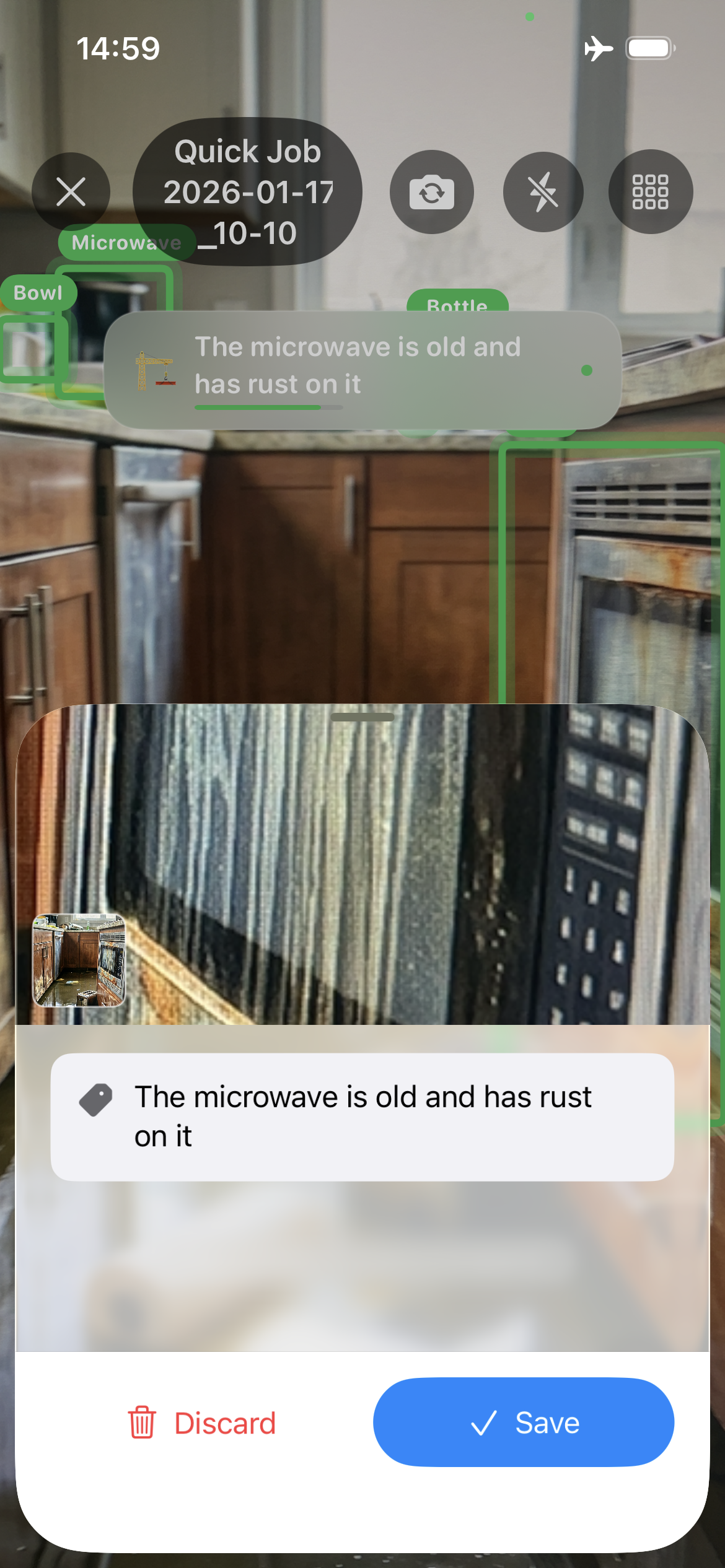 ClaimCam AI-generated damage label on review sheet